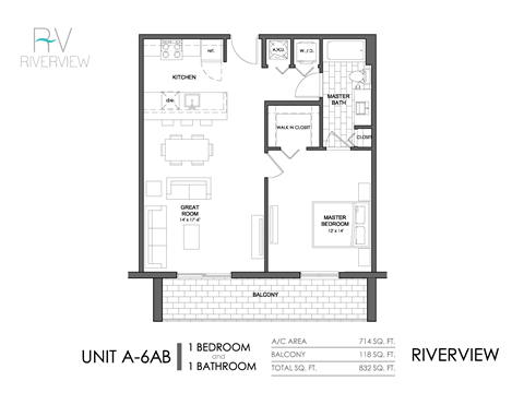 Floor plan for 1 bed, 1 bath, 832 sqft